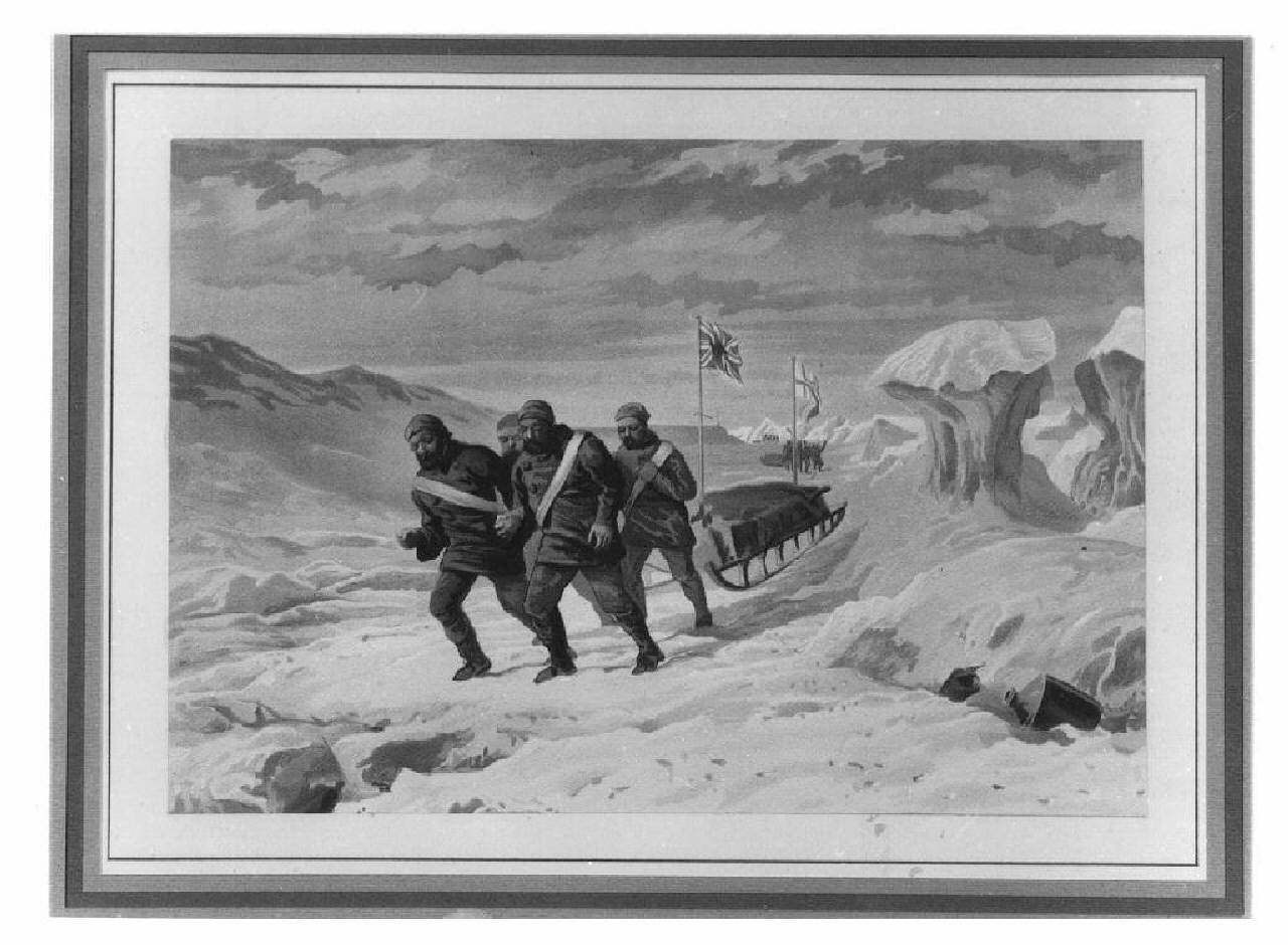 paesaggio polare con esploratori. (stampa) - produzione inuit (sec. XX)