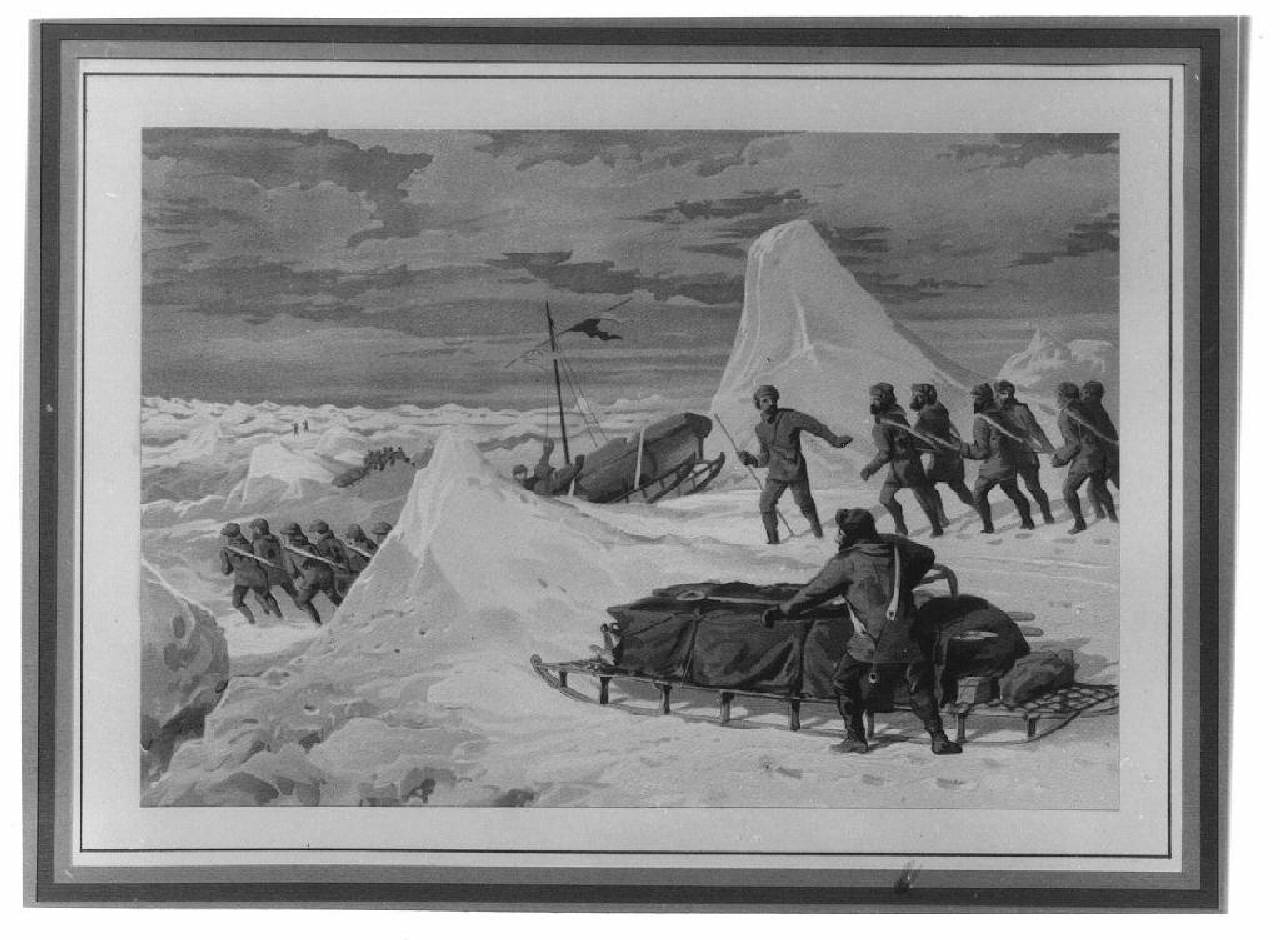 paesaggio polare con esploratori. (stampa) - produzione inuit (sec. XX)