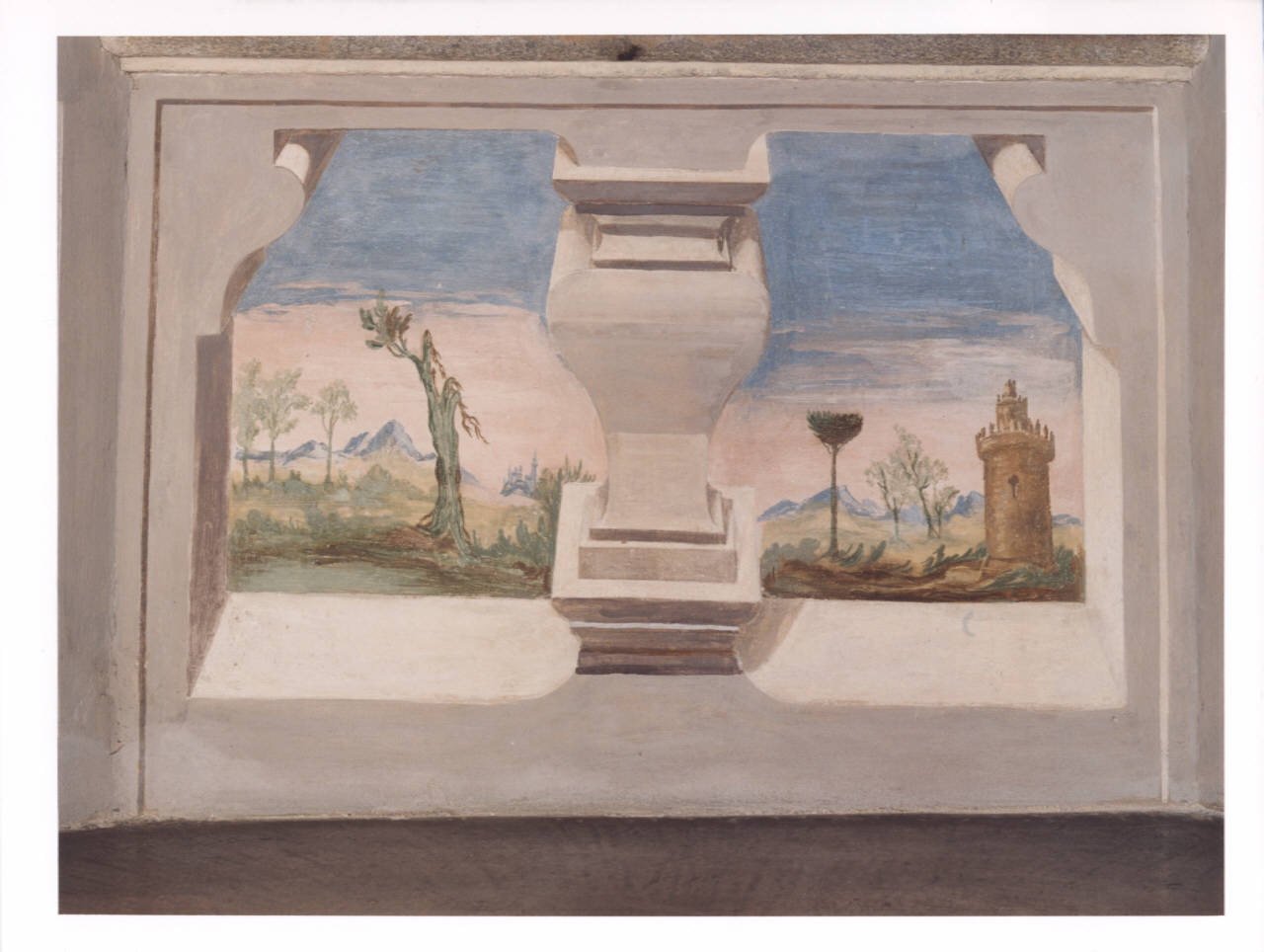finte architetture con paesaggio (dipinto murale) - ambito lombardo (prima metà sec. XVIII)