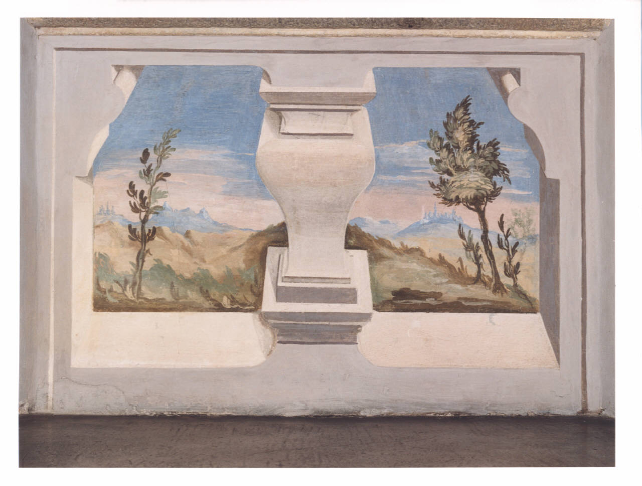 Finte architetture con paesaggio con alberi (dipinto murale) - ambito lombardo (prima metà sec. XVIII)