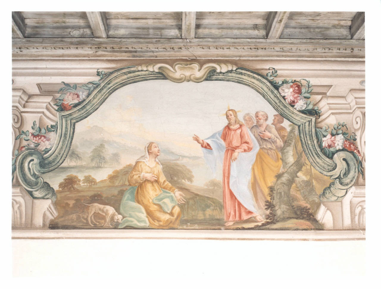 Il ringraziamento della siro-fenicia, Cristo guarisce la figlia della cananea (dipinto murale) di Bellotti Biagio (e aiuti) (seconda metà sec. XVIII)