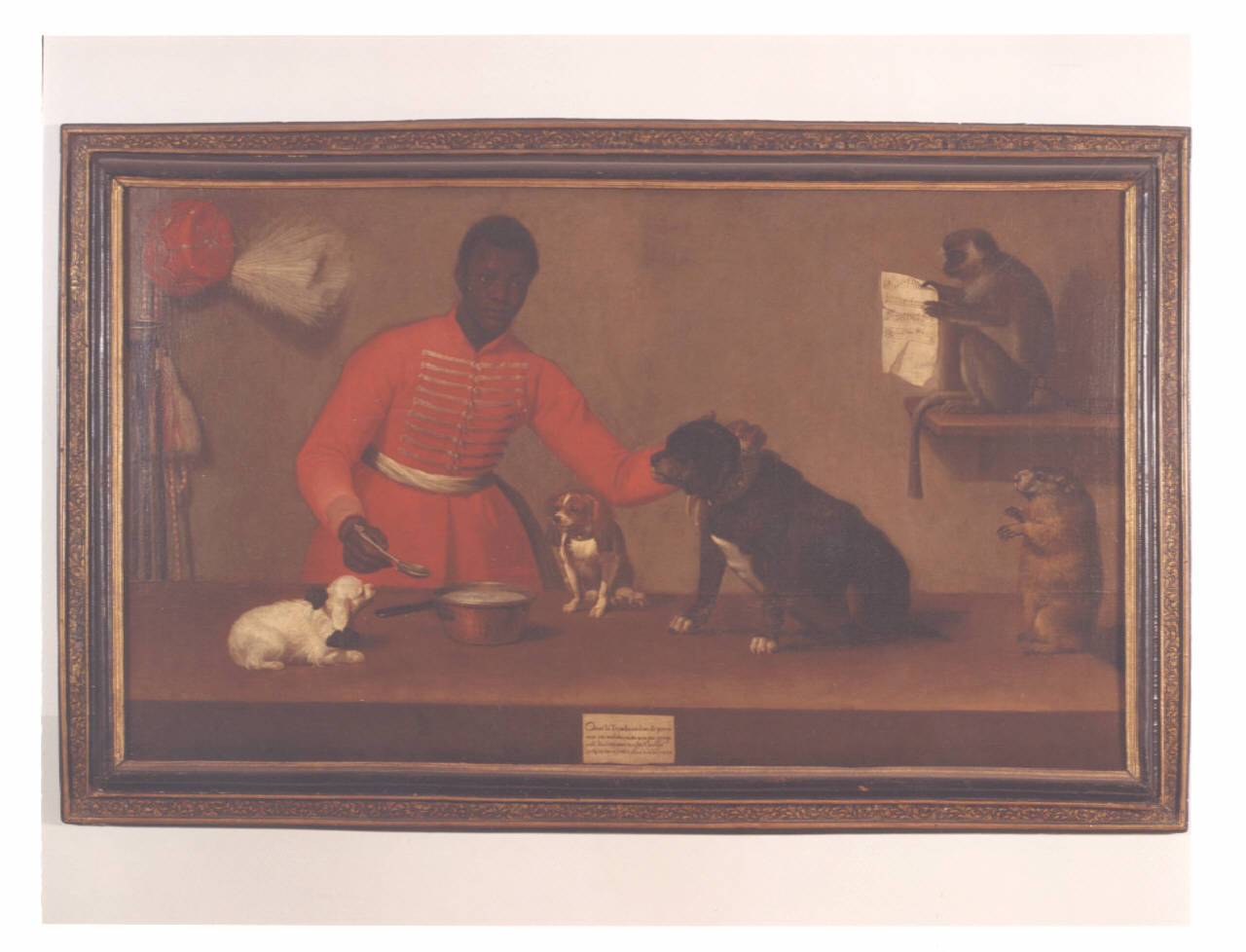 Paggio che imbocca un cane, paggio con cani, scimmia e marmotta (dipinto) - ambito italiano (prima metà sec. XVII)