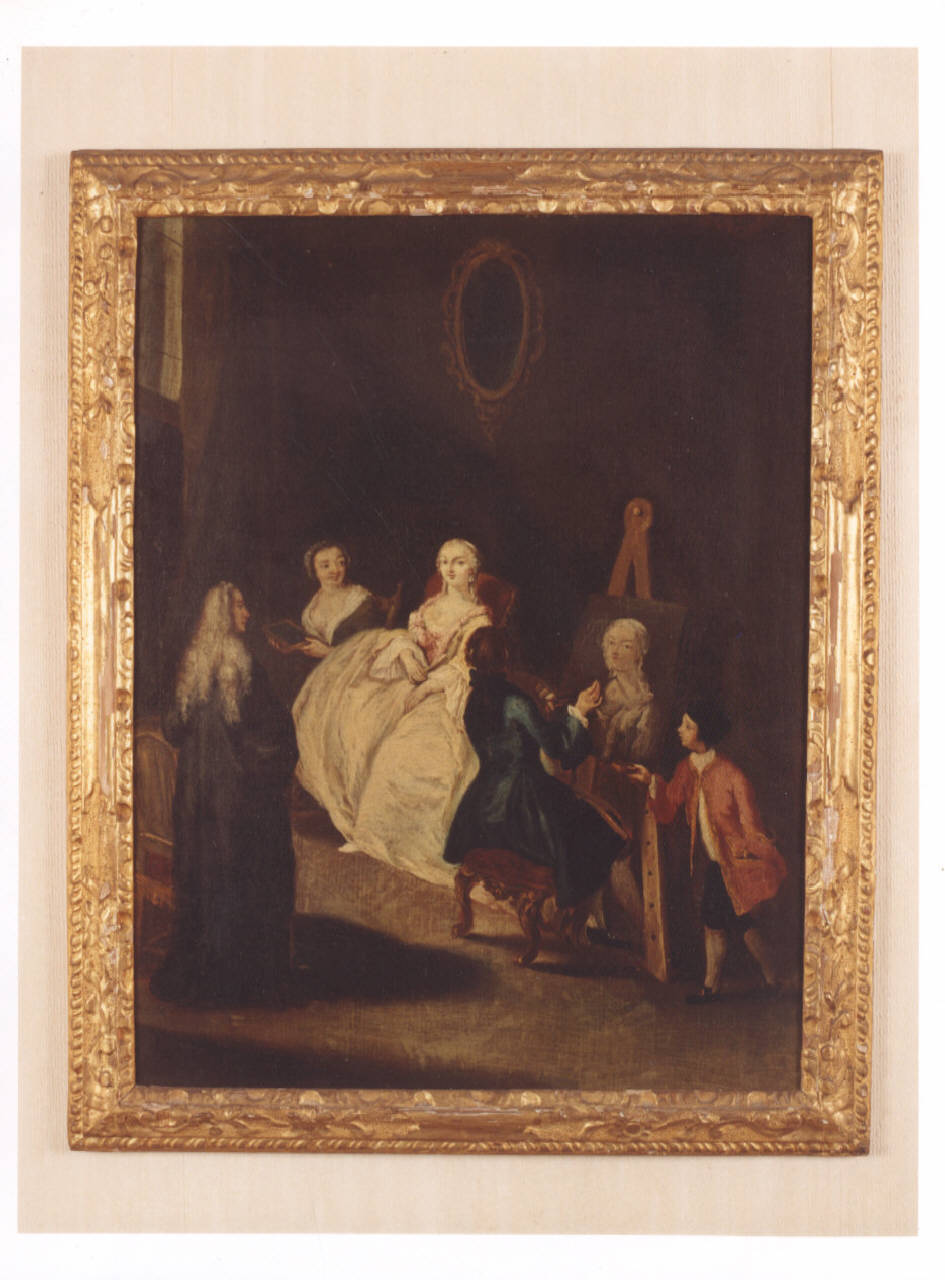 Nell'atelier dell'artista, interno di artista con figure femminili e maschili (dipinto) di Longhi, Pietro (terzo quarto sec. XVIII)