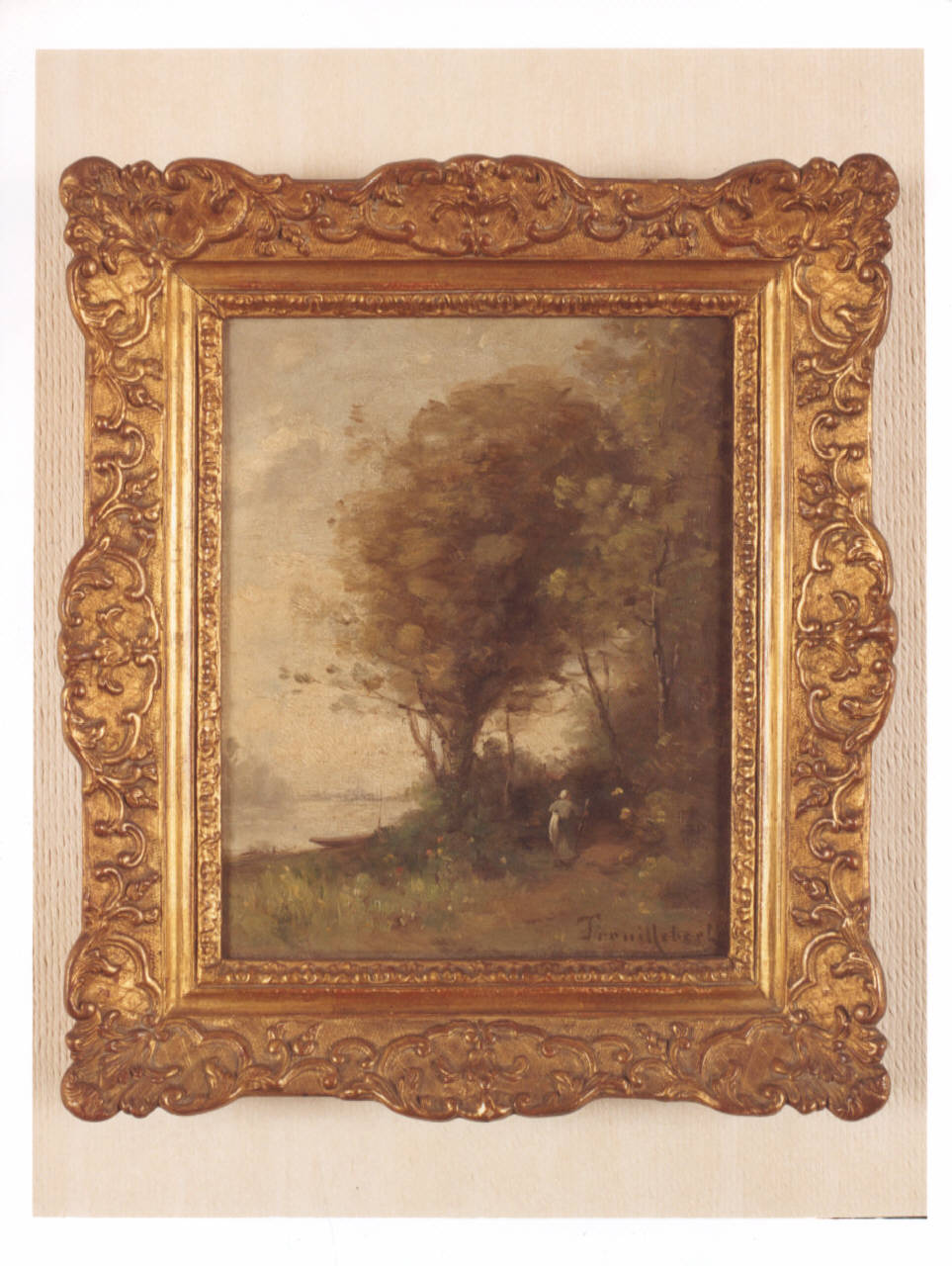 Paesaggio lacustre con cane, paesaggio con alberi (dipinto) di Trouillebert, Paul Désiré (seconda metà sec. XIX)