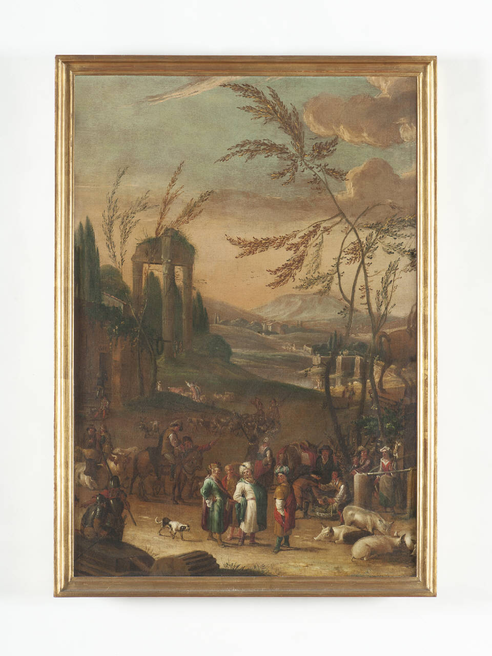 Mercato presso il Tevere nella campagna romana, paesaggio di campagna con figure (dipinto) - ambito romano (seconda metà sec. XVII)