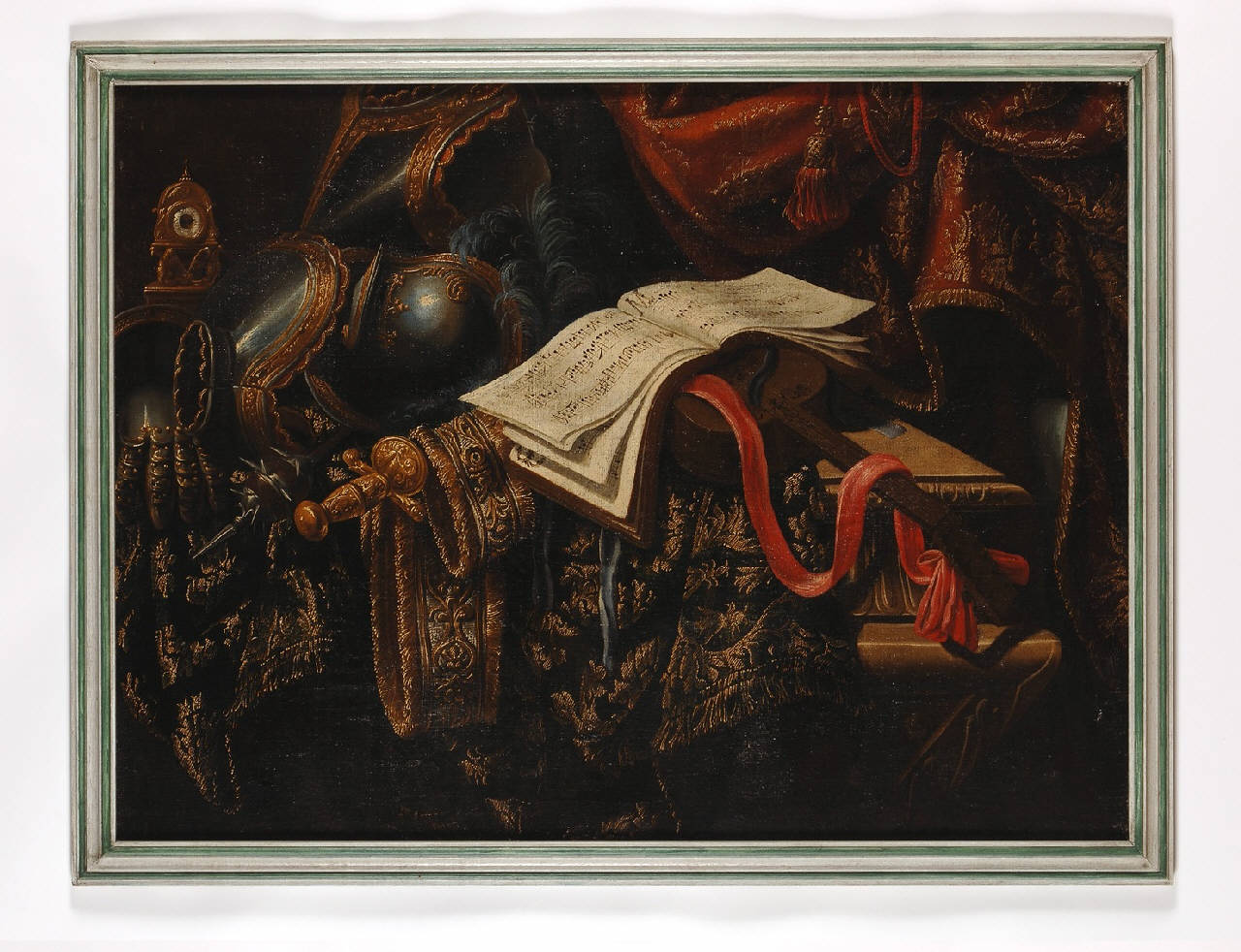 natura morta con armatura, spartito e violino (dipinto) - ambito Italia centrale (seconda metà sec. XVII)