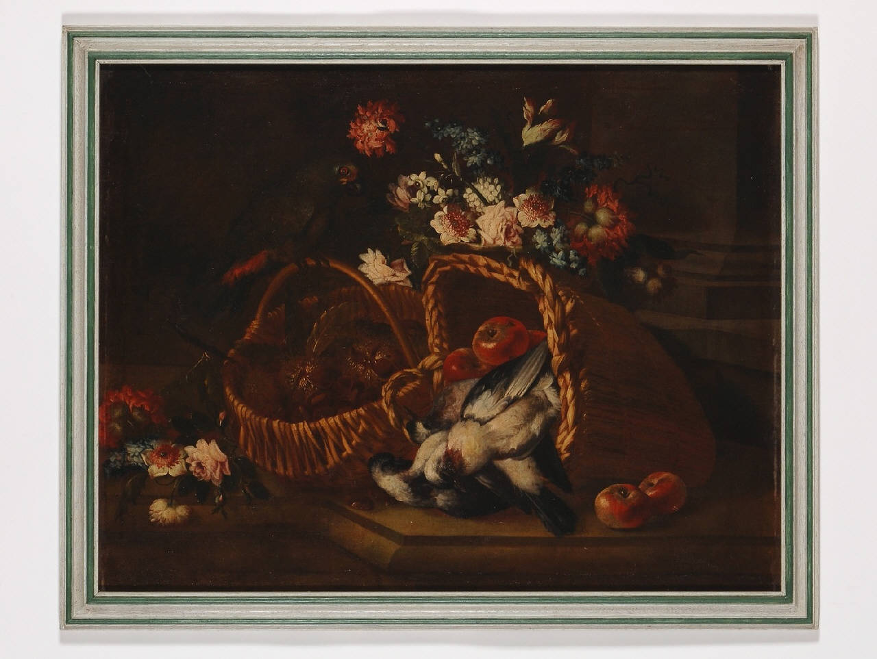 natura morta con frutta, fiori e uccelli (dipinto) - ambito lombardo (sec. XVIII)