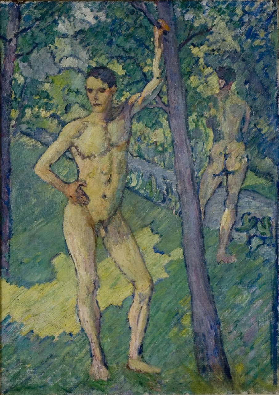 Naturisti, Due nudi all'aperto, paesaggio con nudi maschili (dipinto) di Marussig, Piero (sec. XX)