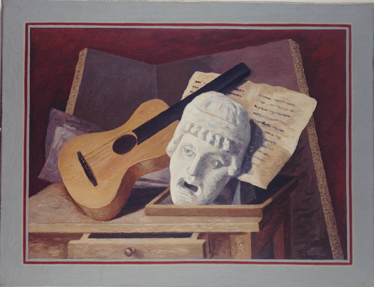 Nature morte au masque, natura morta con chitarra e maschera (dipinto) di Severini, Gino (sec. XX)
