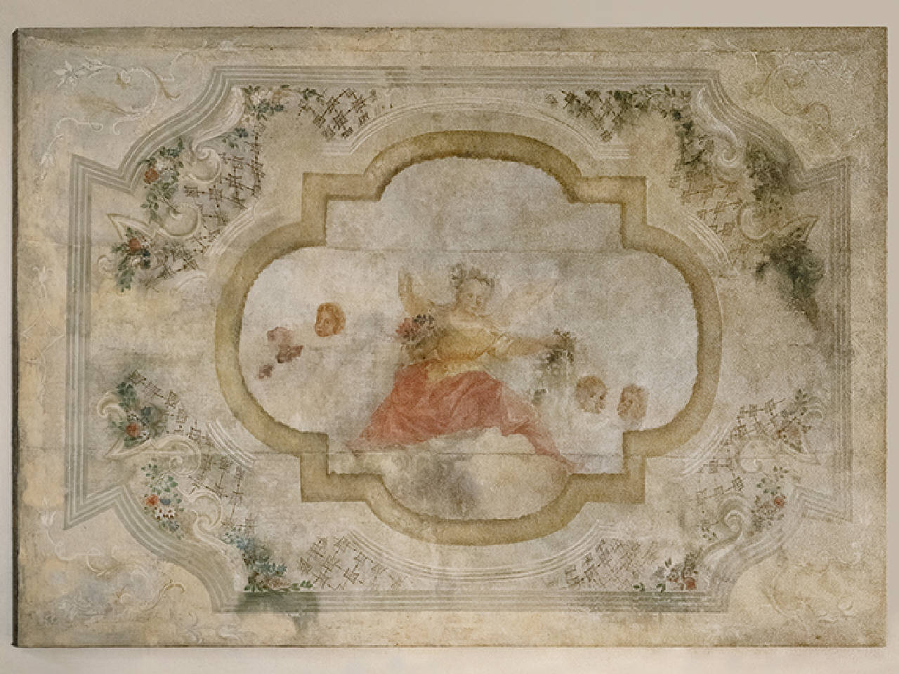 motivi decorativi geometrici e vegetali/ angioletti e figura femminile (dipinto) - ambito lombardo (sec. XVIII)