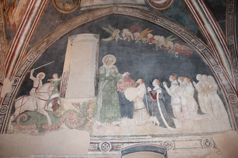 San Giorgio, la principessa e il drago, Donazione del modello dell'oratorio a Santo Stefano, San Giorgio e la principessa, Consegna del modellino della chiesa a Santo Stefano (dipinto) di Maestri di Lentate (attribuito) (sec. XIV)