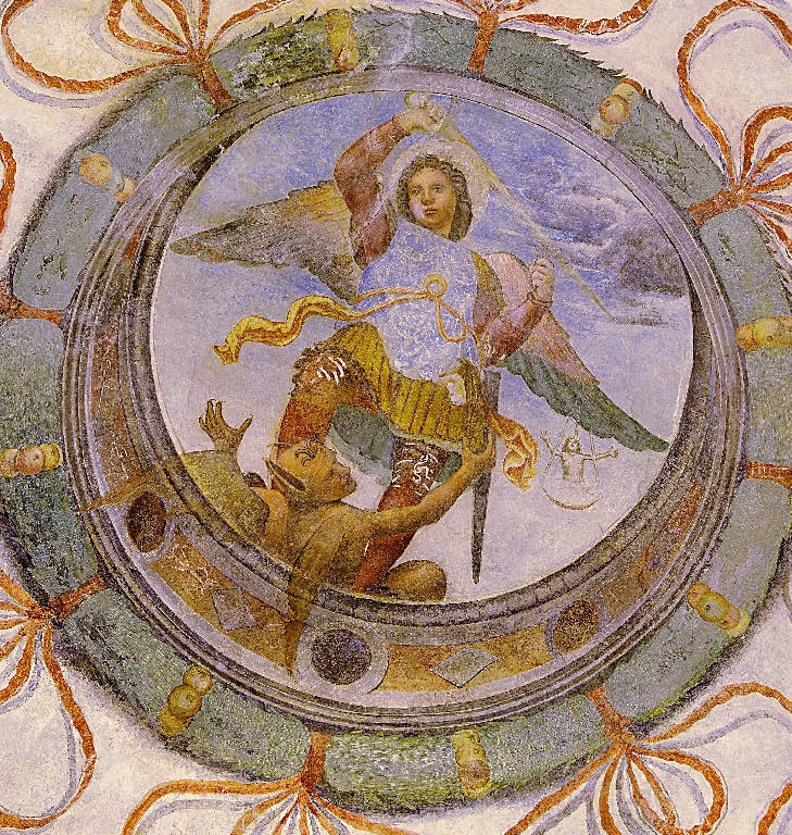 San Michele arcangelo, San Michele arcangelo combatte Satana (dipinto) di Zenale, Bernardo (attribuito) (sec. XVI)