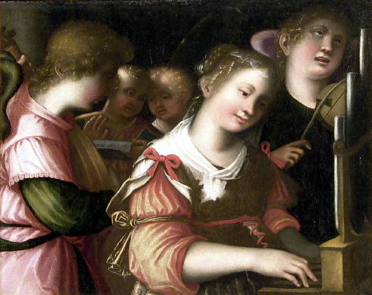 Santa Cecilia con angeli in concerto (dipinto) - scuola cremonese (seconda metà sec. XVI)
