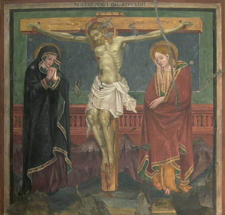 Crocifissione di Cristo con la Madonna e san Giovanni Evangelista (dipinto) di Riva Giuseppe (attr.) (sec. XX)