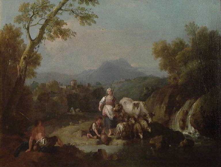 Pastori con mucca e pecore all'abbeverata (dipinto) di Zuccarelli Francesco (secondo quarto sec. XVIII)