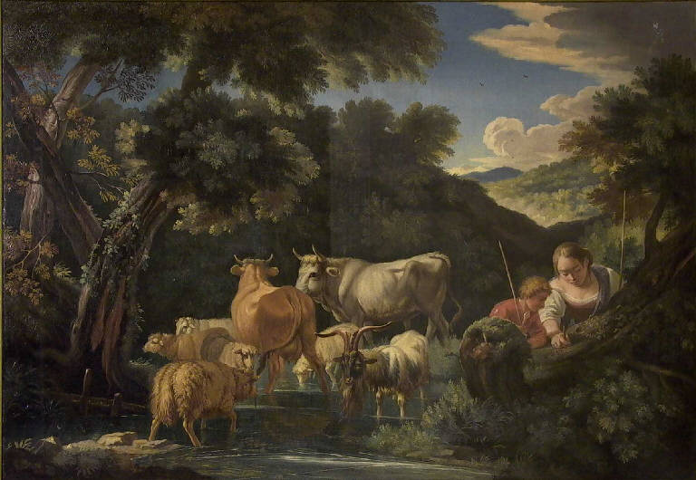 Scena pastorale con Erminia e Tancredi (dipinto) di Pinnari Pietro detto Bianchi (prima metà sec. XVIII)