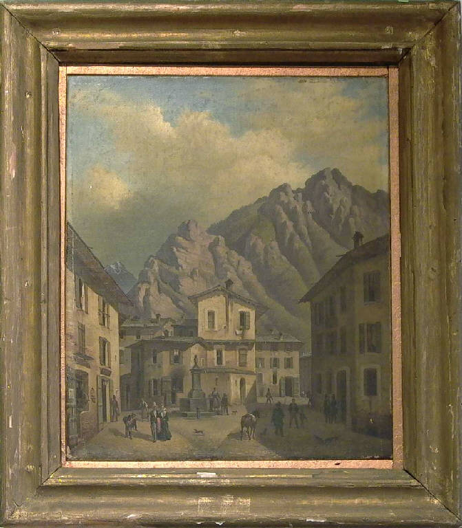 Veduta della piazza di un paese di montagna (dipinto) - ambito italiano (prima metà sec. XIX)