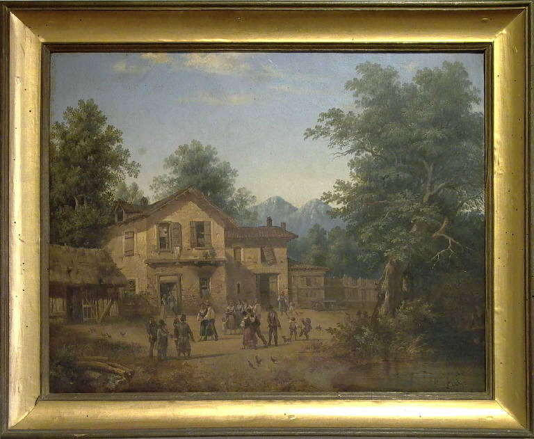 Veduta di un paese di campagna con danza di contadini (dipinto) - ambito italiano (prima metà sec. XIX)