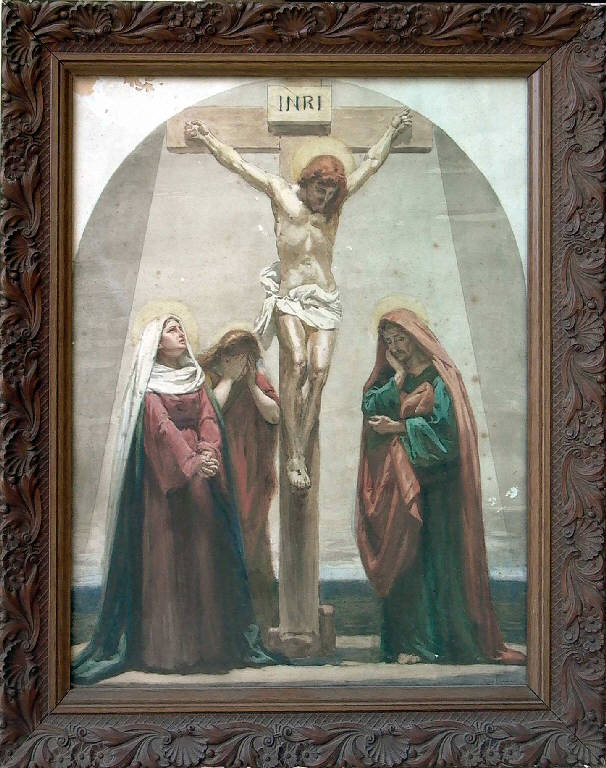 Crocifissione di Cristo con la Madonna, santa Maria Maddalena e san Giovanni Evangelista (dipinto) di Riva Giuseppe (sec. XX)