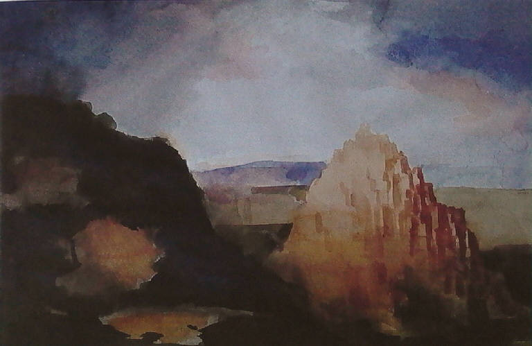Viaggio nel mito: le cave, Paesaggio allegorico con foreste e montagna (dipinto) di Repossi Giovanni (sec. XX)