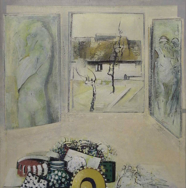Grande interno con finestra, Interno con finestra aperta su un cascinale (dipinto) di Cropelli Alberto (sec. XX)