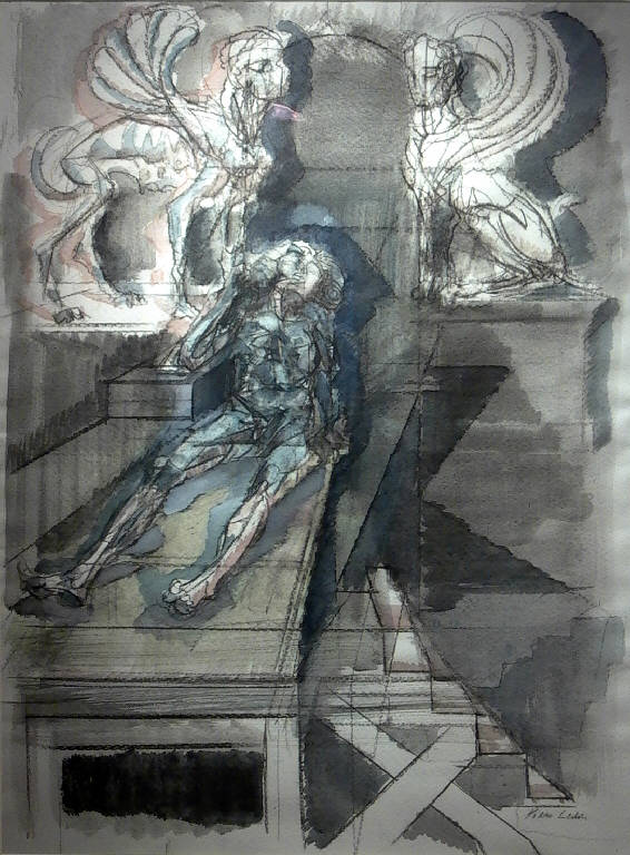 Roberspierre tra due sfingi (dipinto) di Leddi Piero (sec. XX)