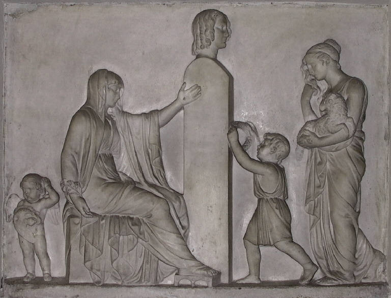 Due figure femminili e due fanciulli visitano un monumento sepolcrale (bassorilievo) - ambito italiano (primo quarto sec. XIX)