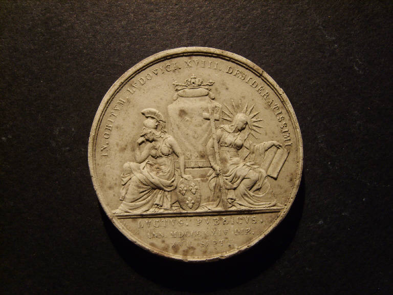 Medaglia commemorativa della morte di Ludovico XVIII, Ludovico XVIII pianto dalla Fede e dalla Francia (calco) - ambito italiano (secondo quarto sec. XIX)