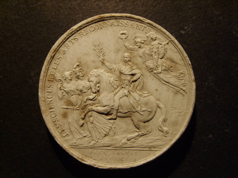 Medaglia celebrativa del Trattato di Campoformio, Napoleone Bonaparte in trionfo accompagnato da Minerva, dalla Prudenza e dalla Vittoria alata (calco) - ambito italiano (prima metà sec. XIX)