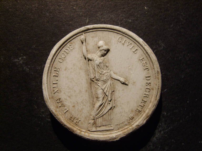 Medaglia commemorativa della promulgazione del codice civile in Francia, Minerva (calco) - ambito italiano (prima metà sec. XIX)