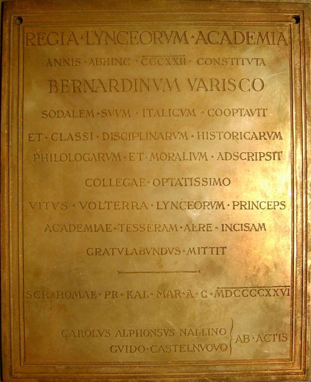 Targa commemorativa dell'Accademia dei Lincei a Bernardino Varisco (targa) - ambito italiano (sec. XX)