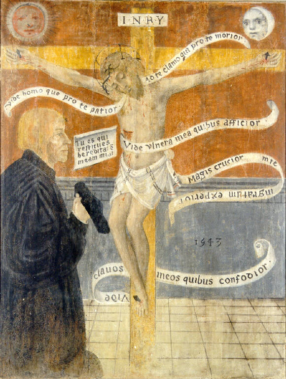 CROCIFISSO CON DEVOTO (dipinto) - ambito lombardo (secondo quarto sec. XVI)
