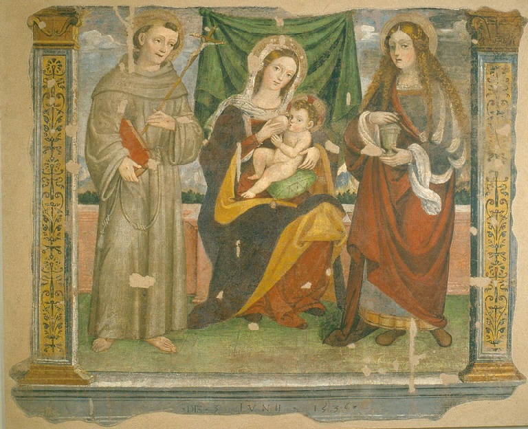 Madonna del latte, MADONNA CON GESU' BAMBINO, SAN FRANCESCO E SANTA MADDALENA (dipinto murale) di De Barberis Vincenzo (prima metà sec. XVI)
