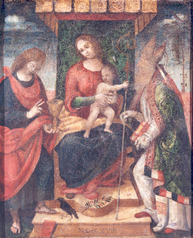 MADONNA CON GESU' BAMBINO TRA SAN GIOVANNI EVANGELISTA E SANTO VESCOVO (dipinto) di De Barberis Vincenzo; De Donati Bernardino (bottega; maniera) (prima metà sec. XVI)
