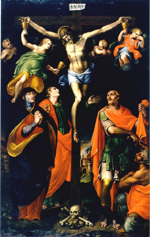 Cristo crocifisso con la Madonna, san Giovanni evangelista, san Martino e il povero (dipinto) di Gnocchi Giovanni Pietro (fine/inizio sec. XVI)