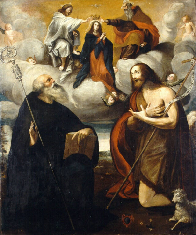 INCORONAZIONE DELLA MADONNA CON I SANTI ANTONIO ABATE E GIOVANNI BATTISTA (dipinto) di Macolino Giovanni Battista (metà sec. XVII)