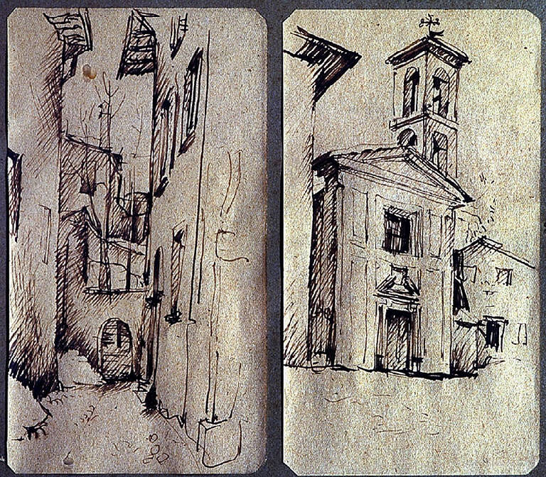 Angolo di Scarpatetti/ veduta della chiesa dell'angelo custode, SCORCI DI SONDRIO (disegno) di Benetti Livio (metà sec. XX)