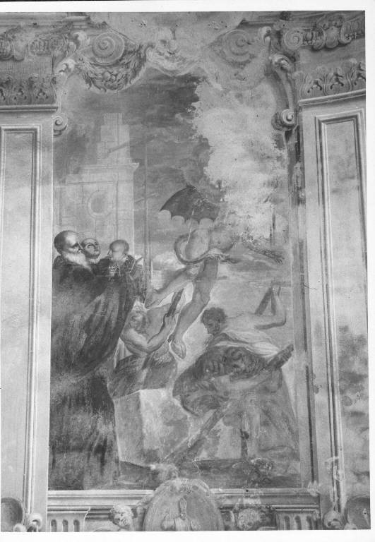 SAN BENEDETTO SCACCIA IL DEMONIO DA UNA PIETRA (dipinto murale) - ambito lombardo (inizio sec. XVIII)