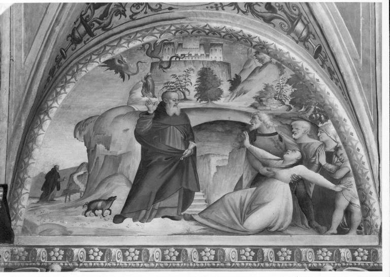 SANT'ANTONIO ABATE ESORCIZZA UN INDEMONIATO (dipinto murale) - ambito pavese (inizio sec. XVI)