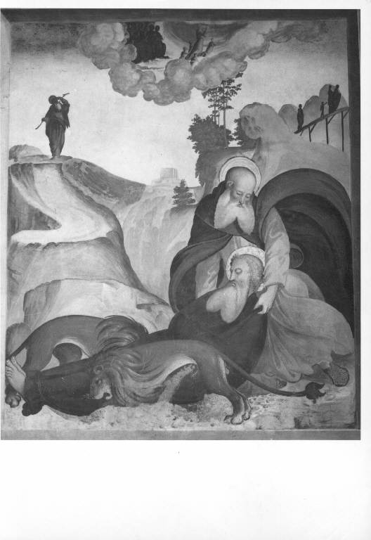 SANT'ANTONIO ABATE SEPPELLISCE SAN PAOLO EREMITA AIUTATO DA DUE LEONI (dipinto murale) (inizio sec. XVI)