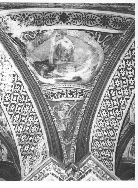 MOTIVI DECORATIVI A GROTTESCHE CON ANGELO E SAN PAOLO (dipinto murale) (fine/inizio secc. XV/ XVI)