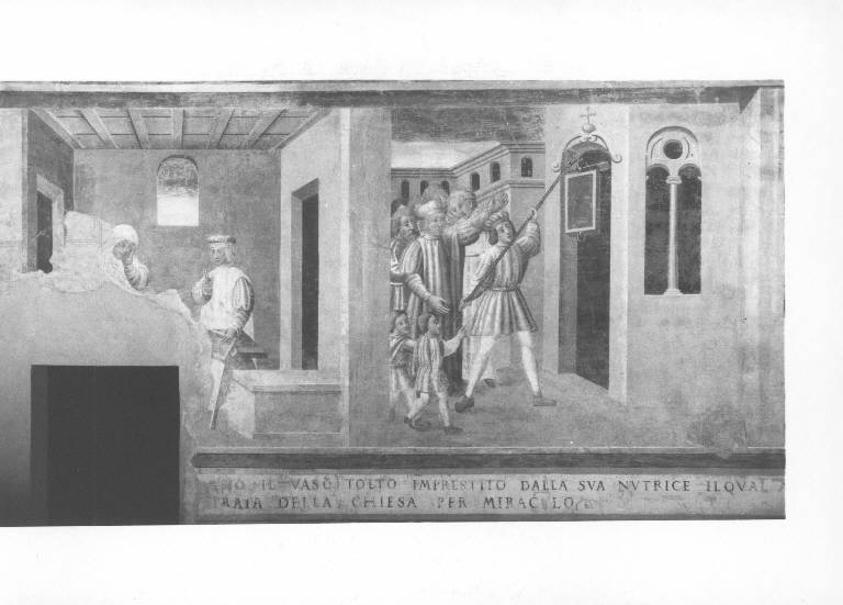 SAN BENEDETTO COMPIE IL MIRACOLO DEL SETACCIO ROTTO (dipinto murale) - ambito lombardo (inizio sec. XVI)