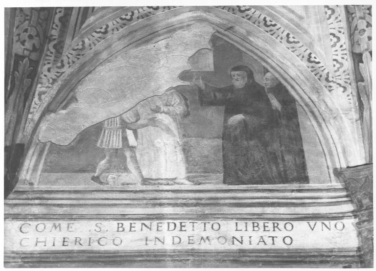SAN BENEDETTO LIBERA DAL DEMONIO UN CHIERICO (dipinto murale) - ambito lombardo (inizio sec. XVI)