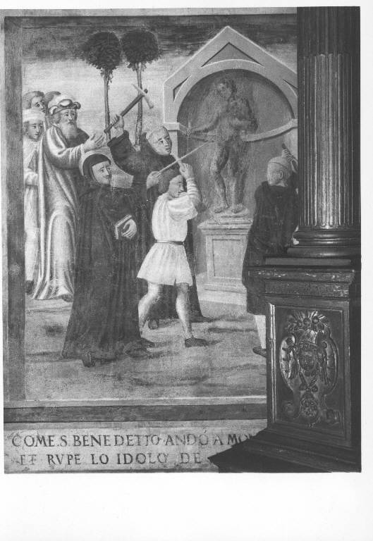 SAN BENEDETTO CALPESTA L'IMMAGINE DI APOLLO (dipinto murale) - ambito lombardo (inizio sec. XVI)