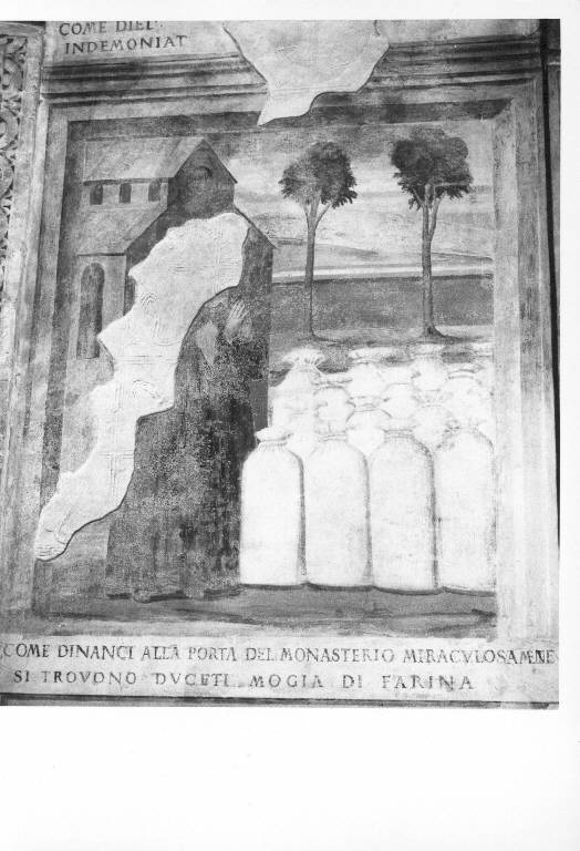 SAN BENEDETTO COMPIE IL MIRACOLO DEI MOGGI DI FARINA (dipinto murale) - ambito lombardo (inizio sec. XVI)