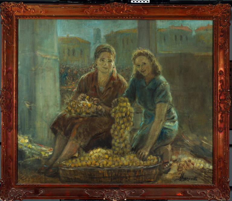 Venditrici di bozzoli, Figure femminili che lavorano (dipinto) di Morzenti, Natale - ambito lombardo (prima metà sec. XX)