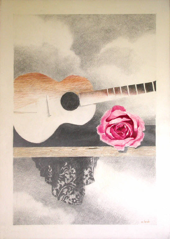 Rosa e chitarra, Natura morta (dipinto) di Bardi Mario (seconda metà sec. XX)