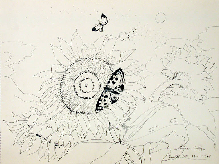 Senza titolo, Girasoli con farfalle (disegno) di Carotenuto Mario (sec. XX)