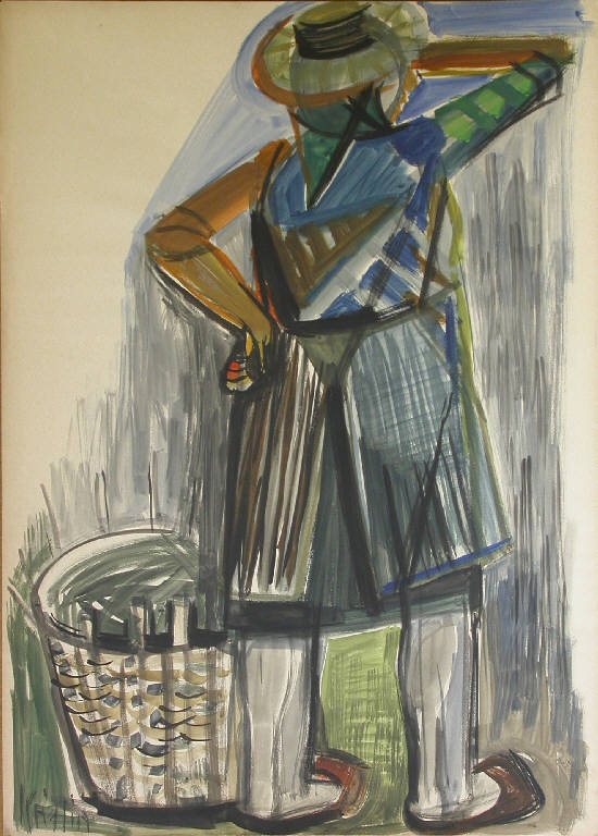 Senza titolo, Donna con cesto (disegno) di Kailin (seconda metà sec. XX)