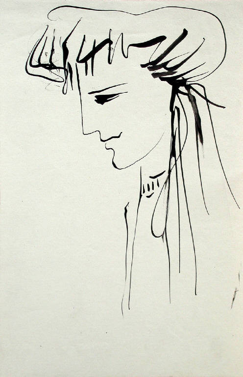 Senza titolo, Ritratto femminile di profilo (disegno) di Peverelli Cesare (seconda metà sec. XX)